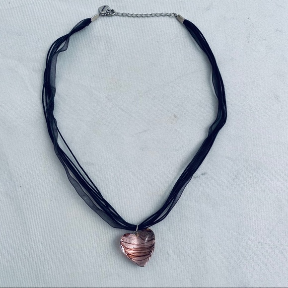 Black multi-strand ribbon and pink glass heart necklace - Picture 6 of 6